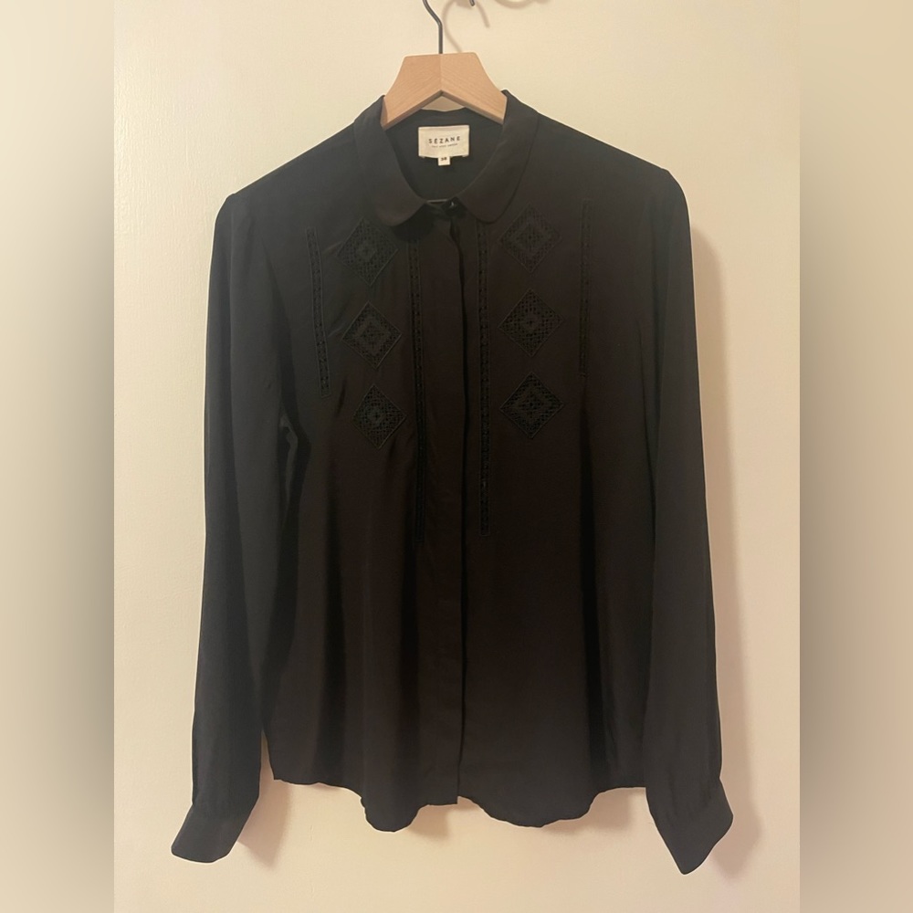 Sezane embroidered black silk blouse sz6